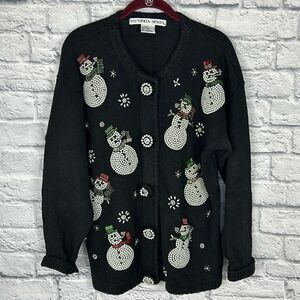 Victoria Jones VINTAGE Pearl Beaded Snowman Black Holiday Cardigan Size Small